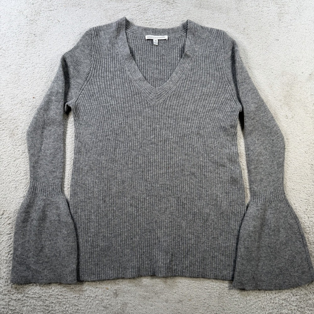 Rebecca Minkoff Sweater Womens XS Grey 100% Cashmere V-Neck Ribbed Bell Sleeve